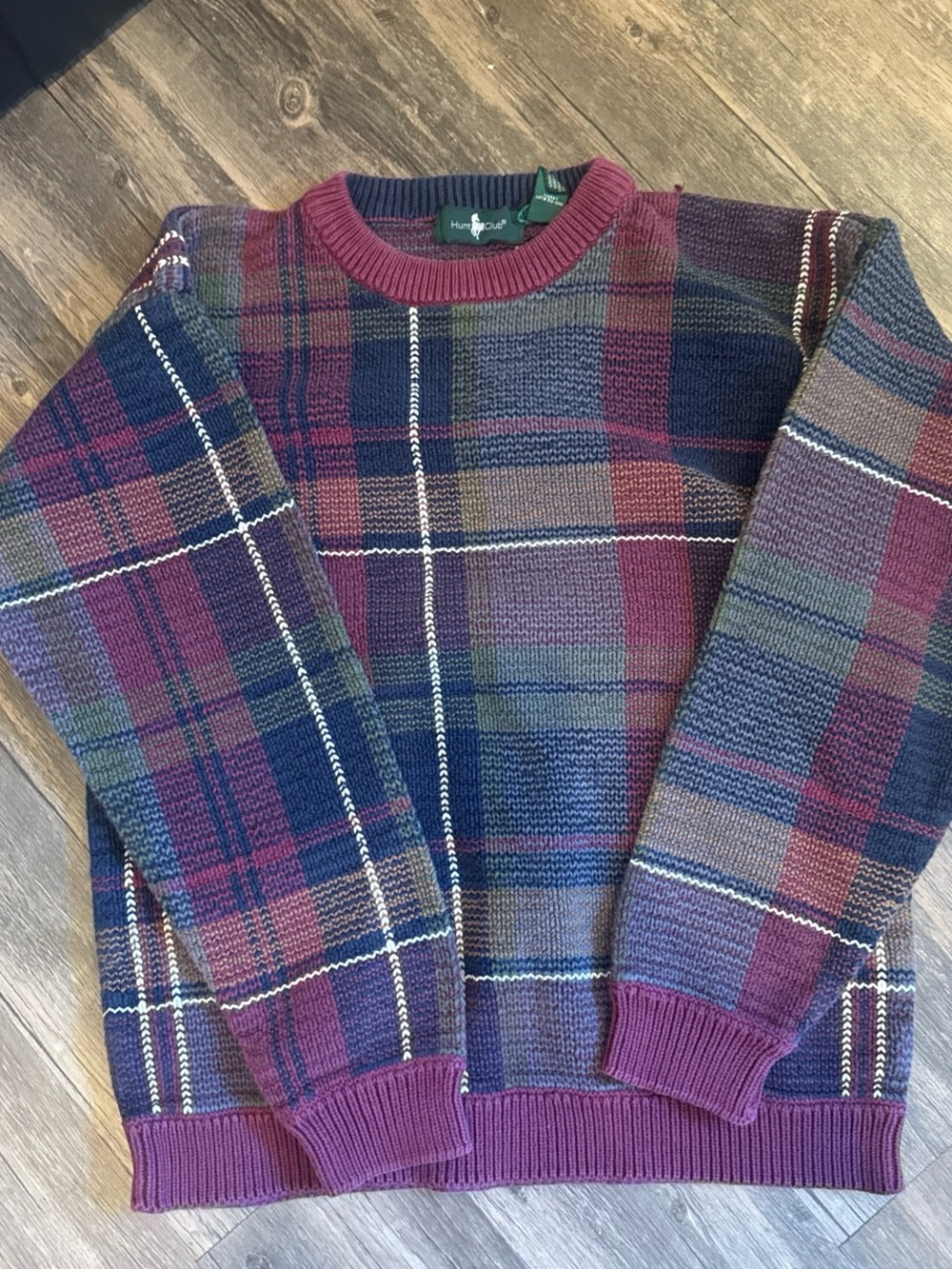 Hunt Club Men’s Plaid Crewneck Sweater - Burgundy/Navy/Green